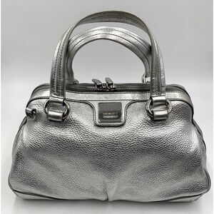 Auth Celine Silver Metallic Pebble Grain Leather Handbag
